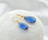 Quartz Drop Bezel Earrings, Sapphire Quartz 14x20mm Pear Gemstone Earrings, Gold Plated 925 Sterling Silver Earring, Wedding Gift Earring